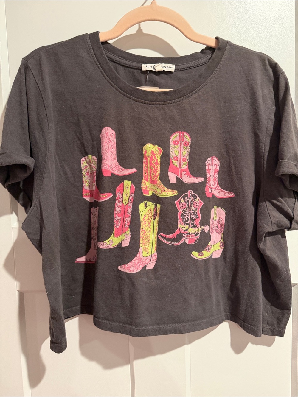 Black Crop Tee with Pink & Neon Cowboy Boot Graphic